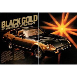 1980 Datsun 280-ZX 10th Anniversary Black Gold 2pg Vintage Print Ad Wall Art